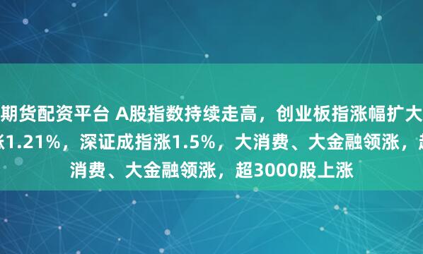 期货配资平台 A股指数持续走高，创业板指涨幅扩大至2%，沪指涨1.21%，深证成指涨1.5%，大消费、大金融领涨，超3000股上涨